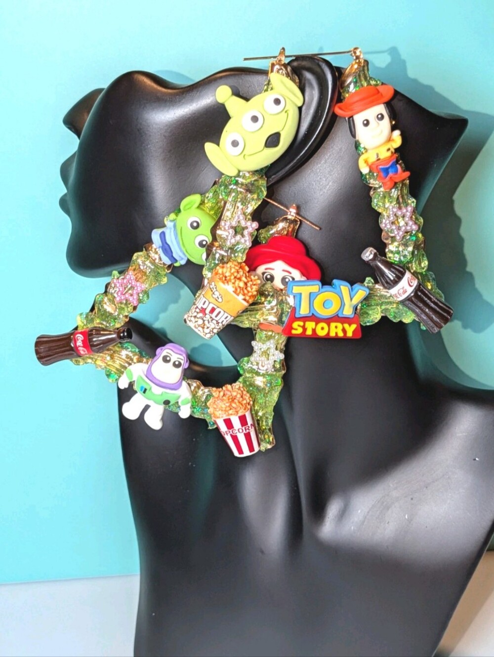 Hand Crafted Decoden Green Glitter Hoop Earrings with Colorful Toy Story Charms